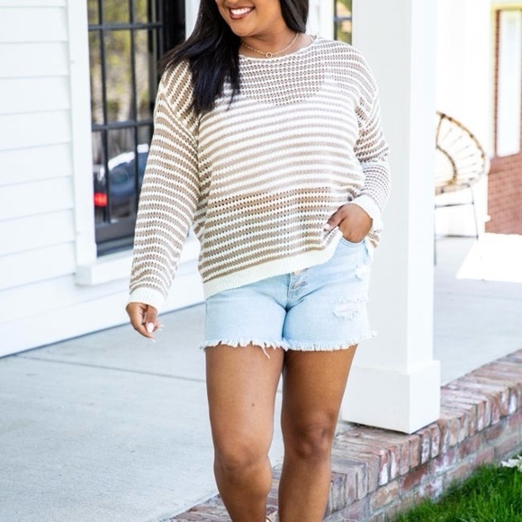 Pink Lily Taupe Ivory Striped Boho Beachy Open Knit Sweater 3XL - Picture 6 of 13